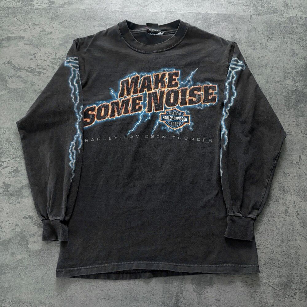 Vintage Harley-Davidson Shirt Mens S Faded Black Make Some Noise Thunder Sleeve